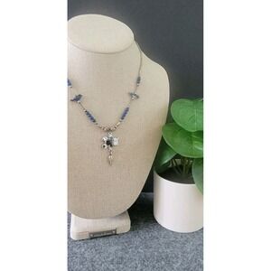 Abalone Shell Inlay Teddy Bear Bird Pendant Necklace Blue Beads 16in